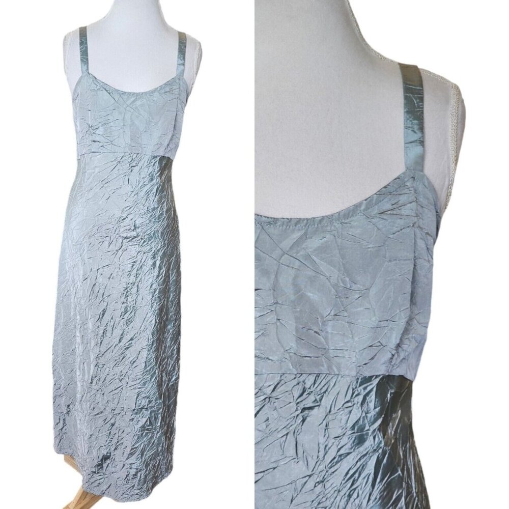Vintage 90s Womens‎ Medium Silver Crinkle Slip Dress Long Maxi Babydoll 8 10